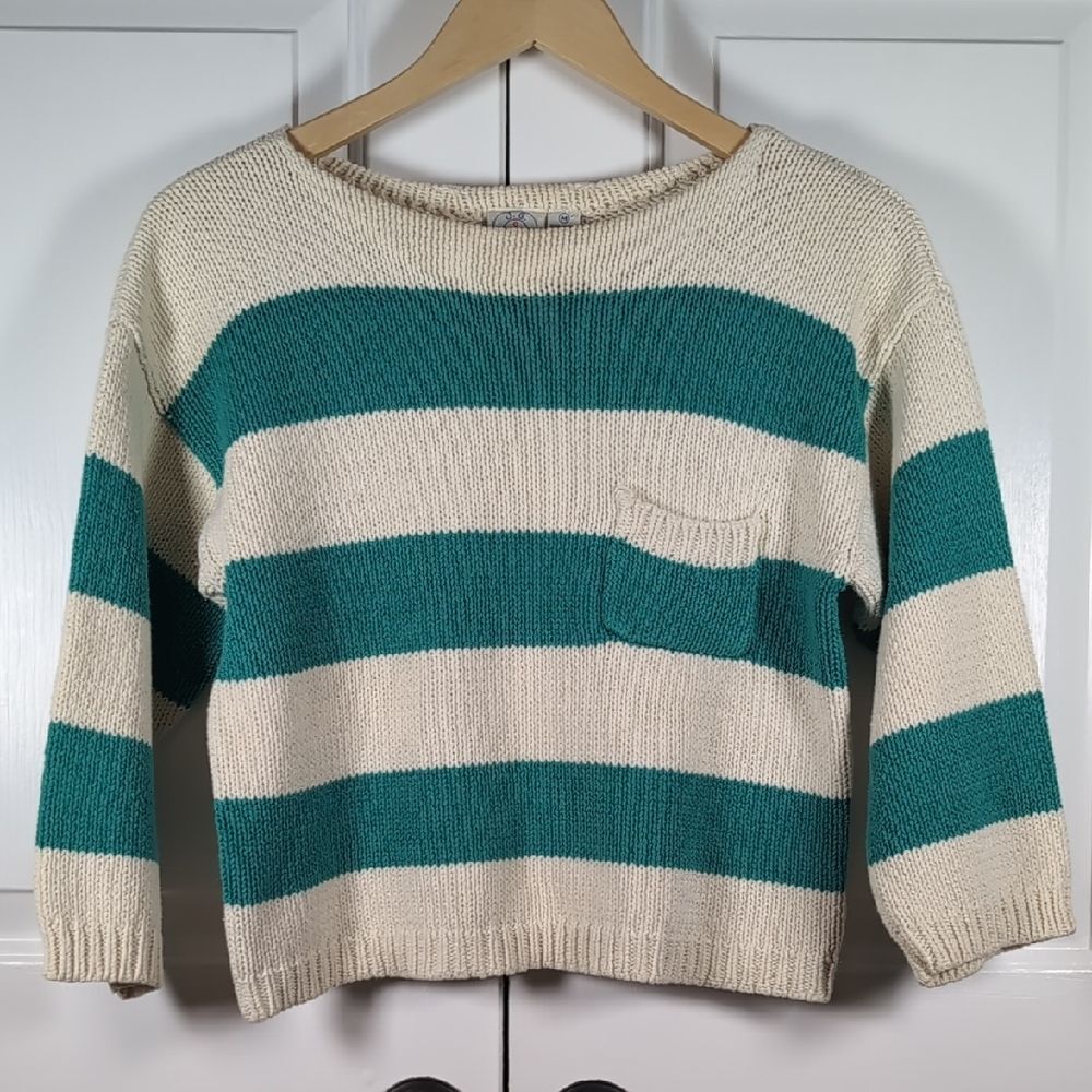 Vintage 80s J.G. Hook Striped Cotton Sweater Preppy Coastal Boat Neck Boxy Fit